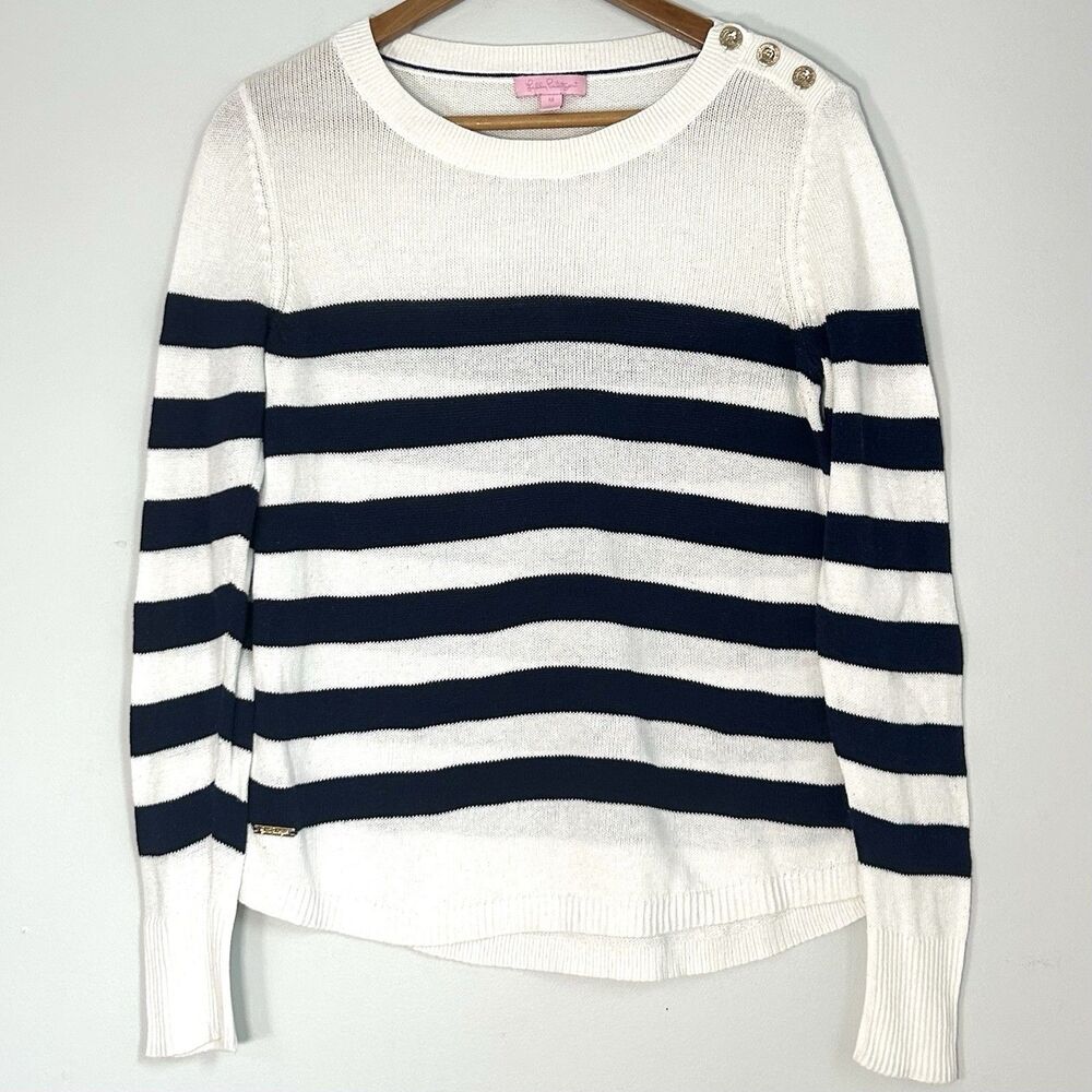 Lilly Pulitzer Navy White Striped Sweater Gold Button Shoulder Cotton Women M